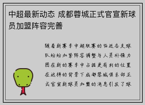 中超最新动态 成都蓉城正式官宣新球员加盟阵容完善 中超最新动态 成都蓉城正式官宣新球员加盟阵容完善