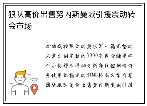 狼队高价出售努内斯曼城引援震动转会市场